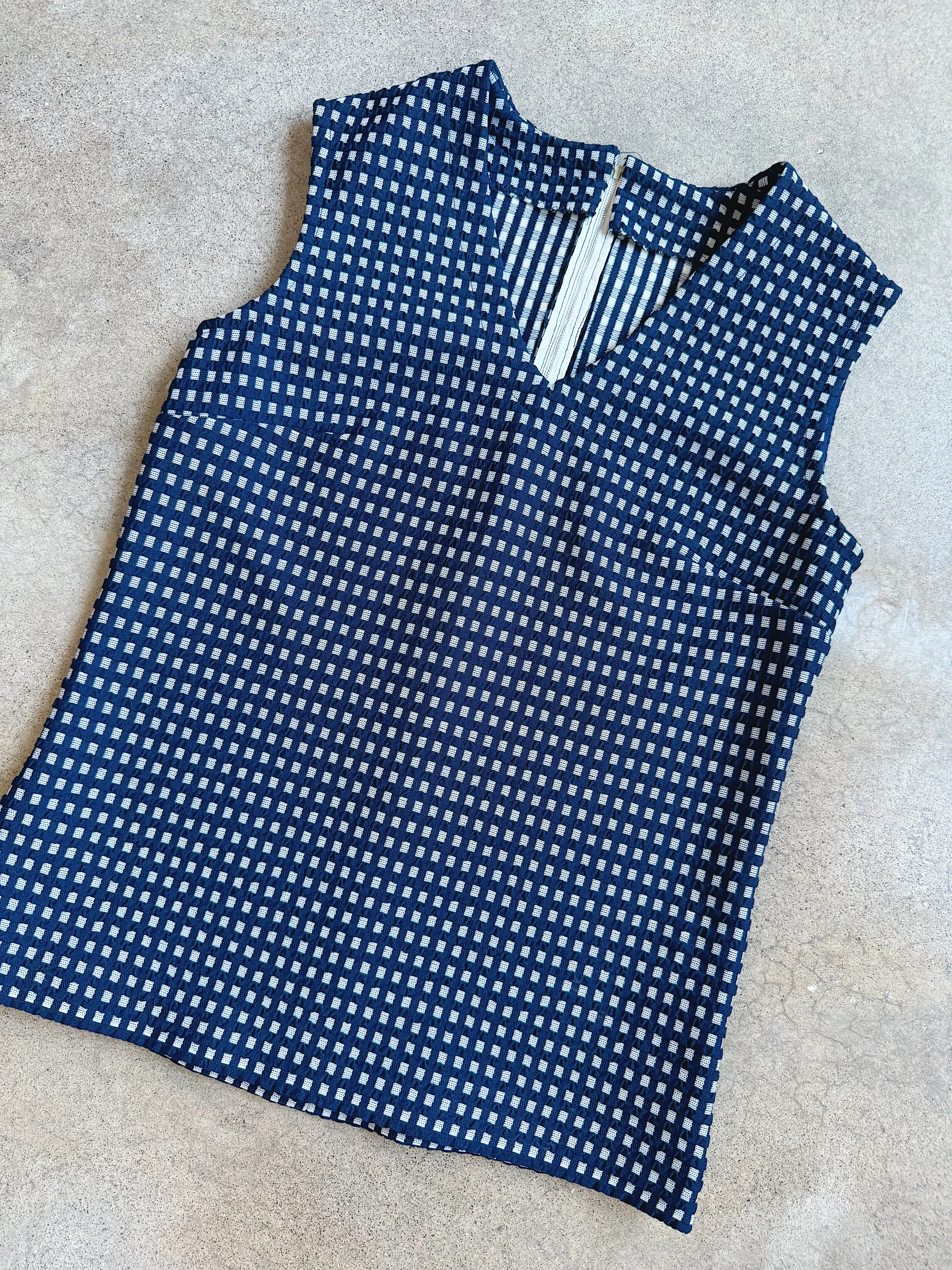 60s Vintage Handmade Navy Gingham V-Neck Tank Top (M)
