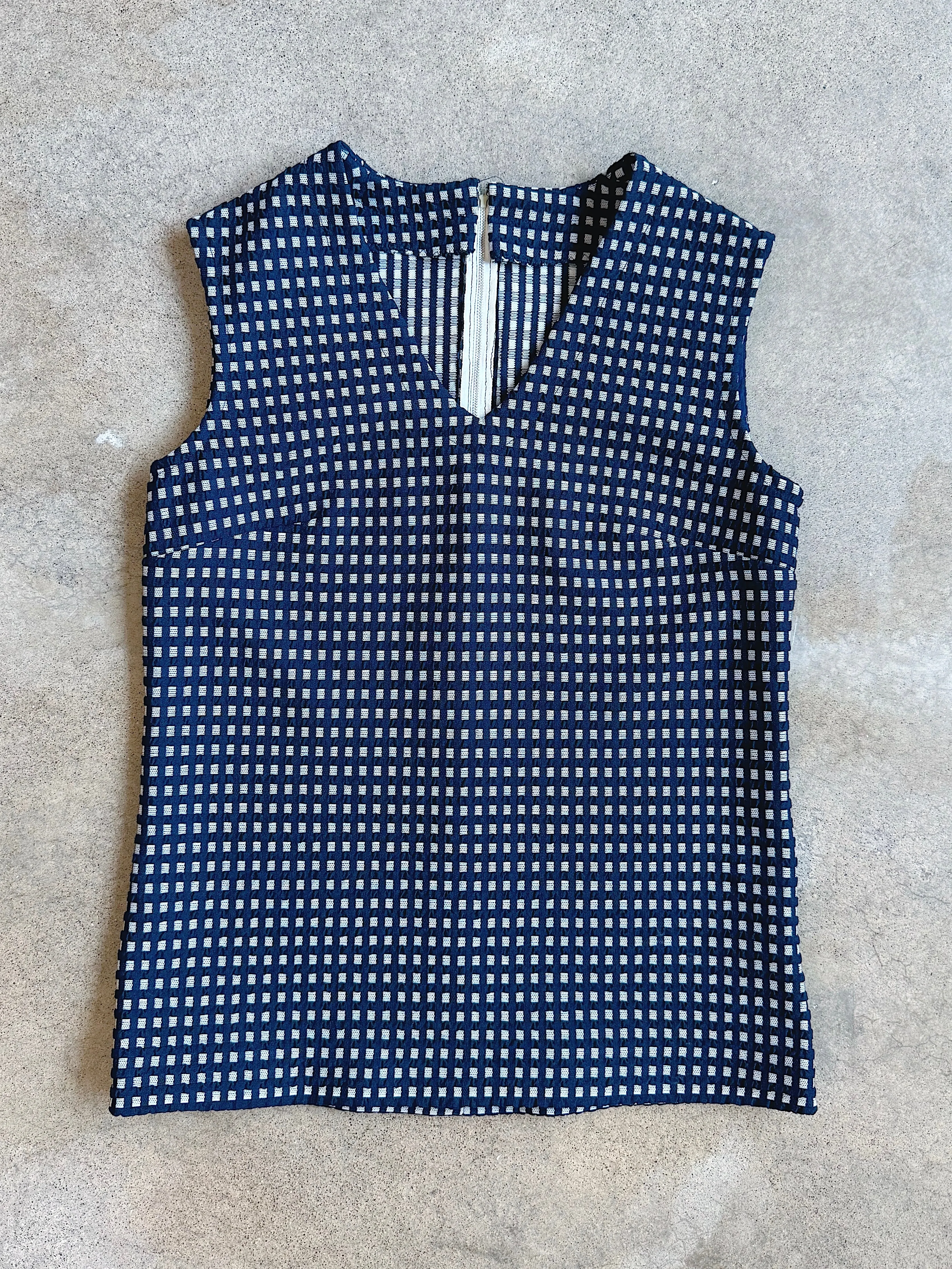 60s Vintage Handmade Navy Gingham V-Neck Tank Top (M)