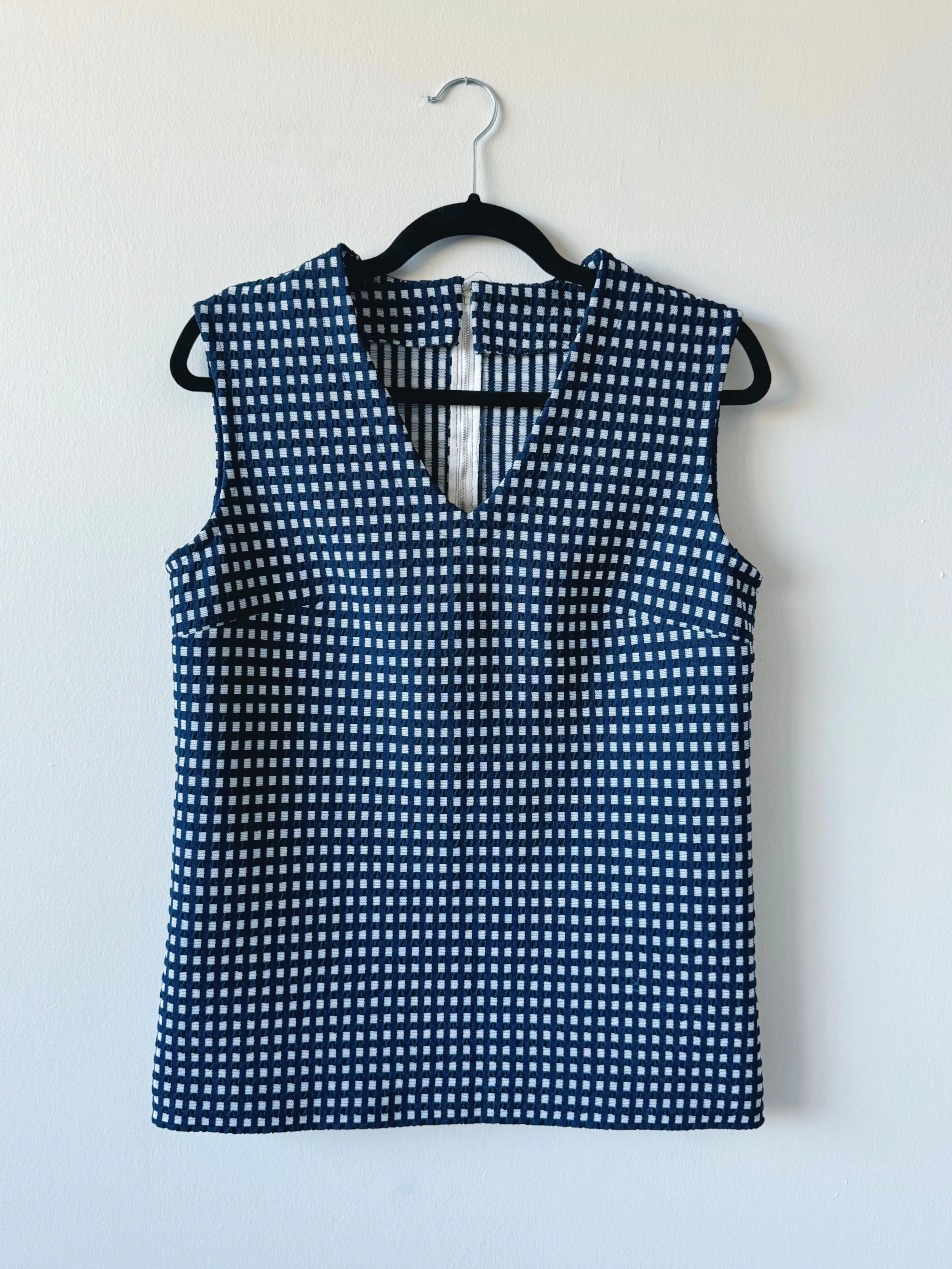 60s Vintage Handmade Navy Gingham V-Neck Tank Top (M)
