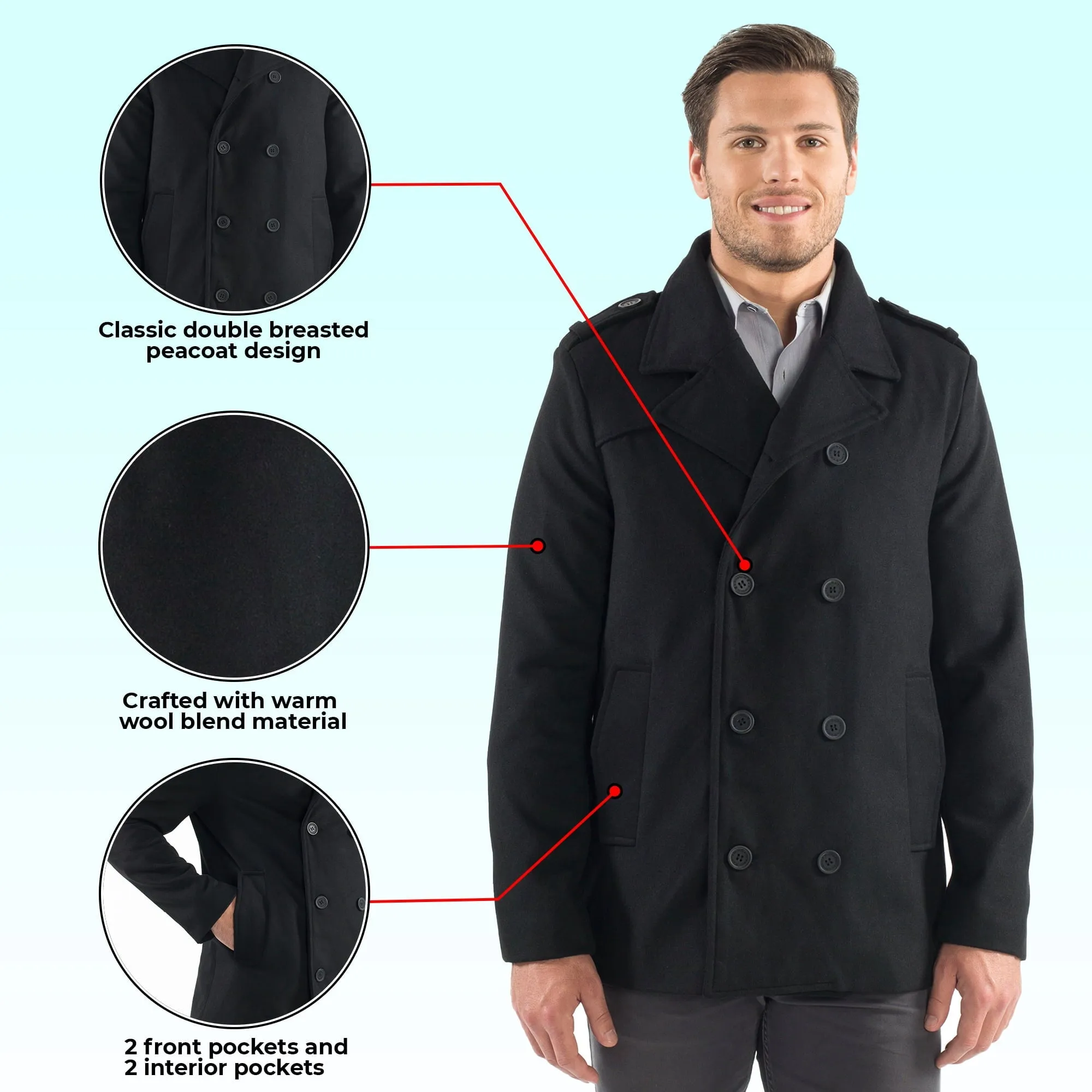 Alpine Swiss Jake Mens Pea Coat Wool Blend Double Breasted Dress Jacket Peacoat