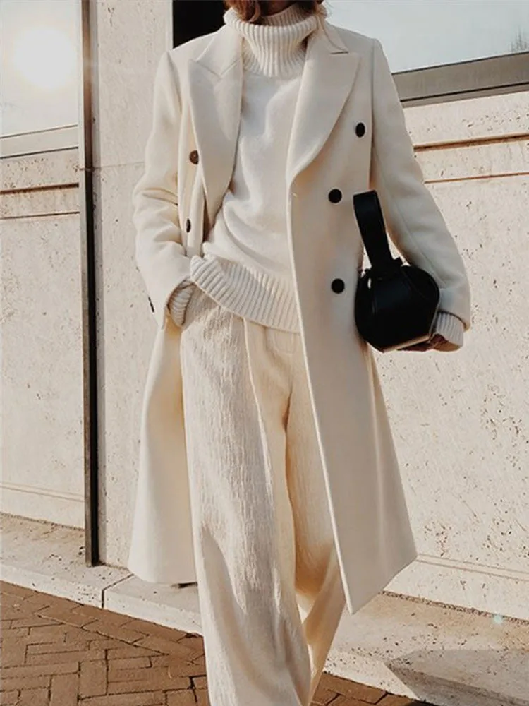 Autumn Winter Thin Section Midi Long Coats Jackets For Women Woolen Double Button Windbreaker Lady Outerwear Overcoat