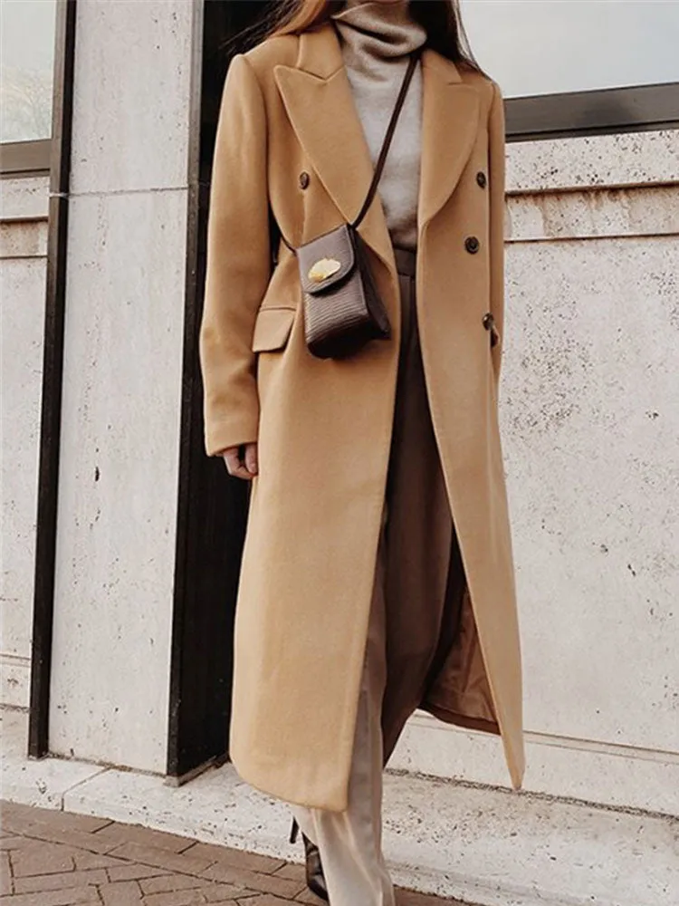 Autumn Winter Thin Section Midi Long Coats Jackets For Women Woolen Double Button Windbreaker Lady Outerwear Overcoat