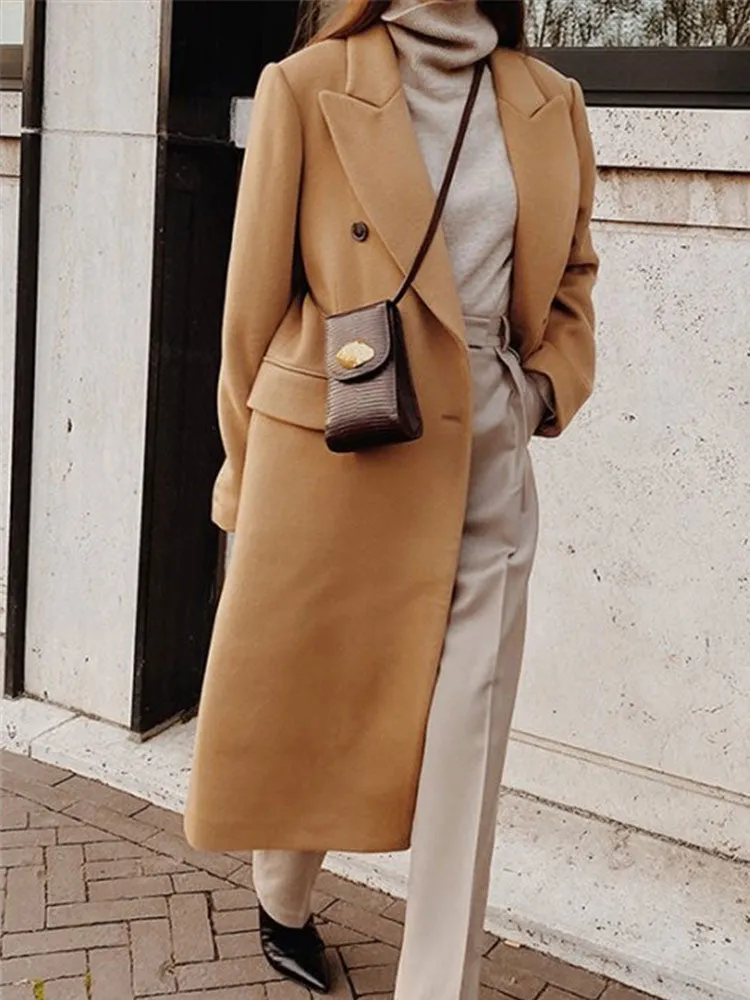 Autumn Winter Thin Section Midi Long Coats Jackets For Women Woolen Double Button Windbreaker Lady Outerwear Overcoat