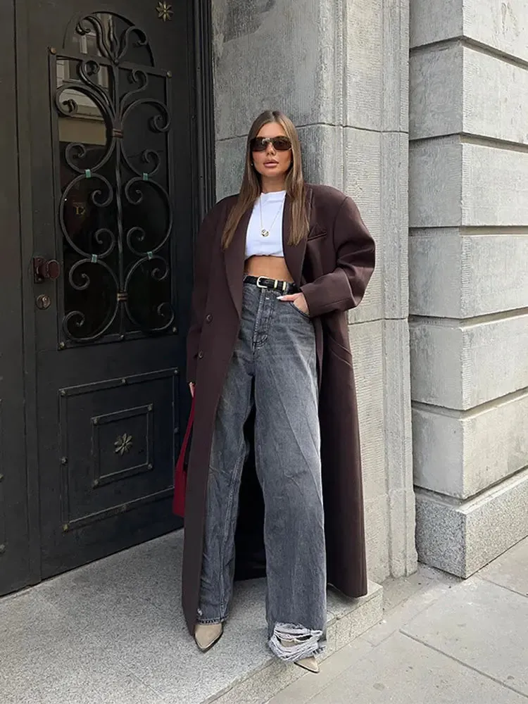Back To School Joskaa Flip Collar Double Breasted Pocket Woolen Coat Fashion Long Sleeved Solid Color Women's Casual Overcoat 2024 New Lady Streetwear