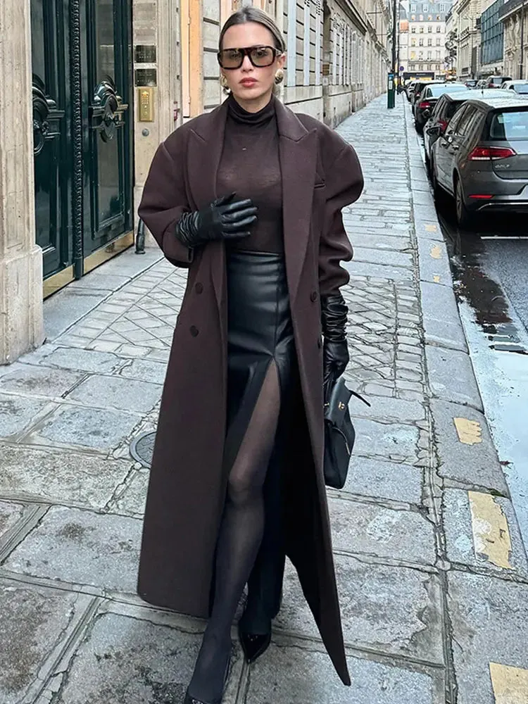 Back To School Joskaa Flip Collar Double Breasted Pocket Woolen Coat Fashion Long Sleeved Solid Color Women's Casual Overcoat 2024 New Lady Streetwear