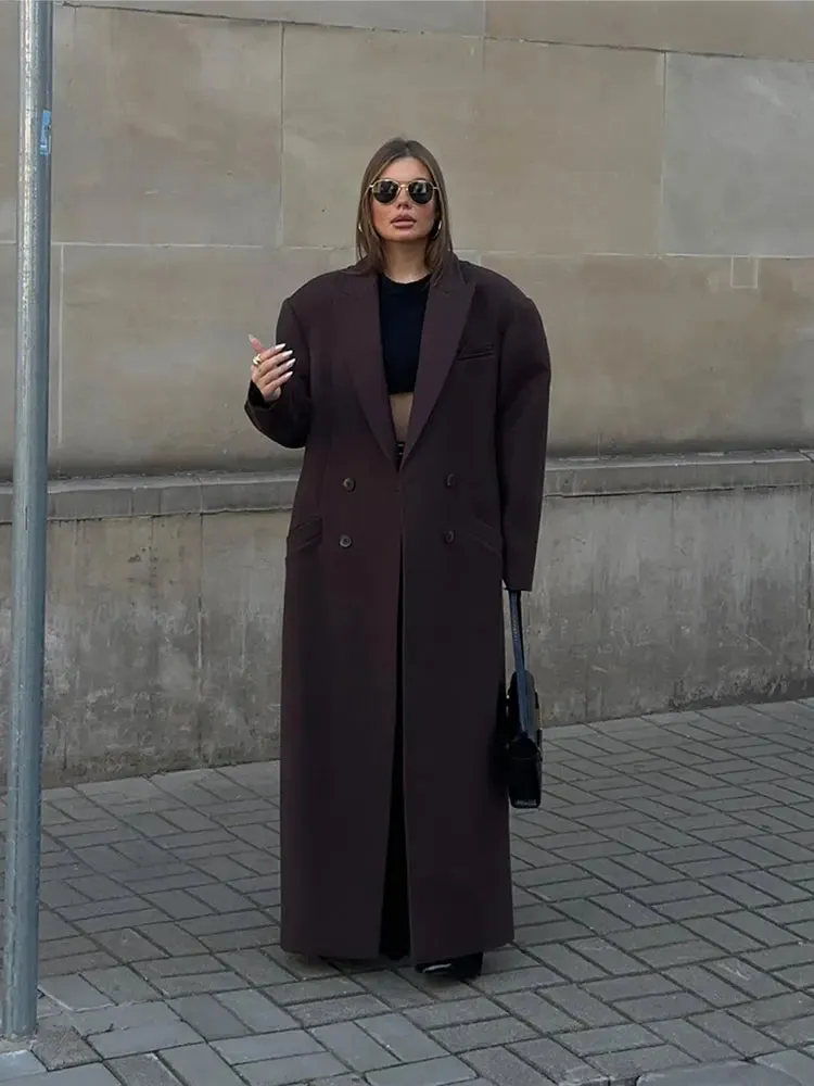 Back To School Joskaa Flip Collar Double Breasted Pocket Woolen Coat Fashion Long Sleeved Solid Color Women's Casual Overcoat 2024 New Lady Streetwear