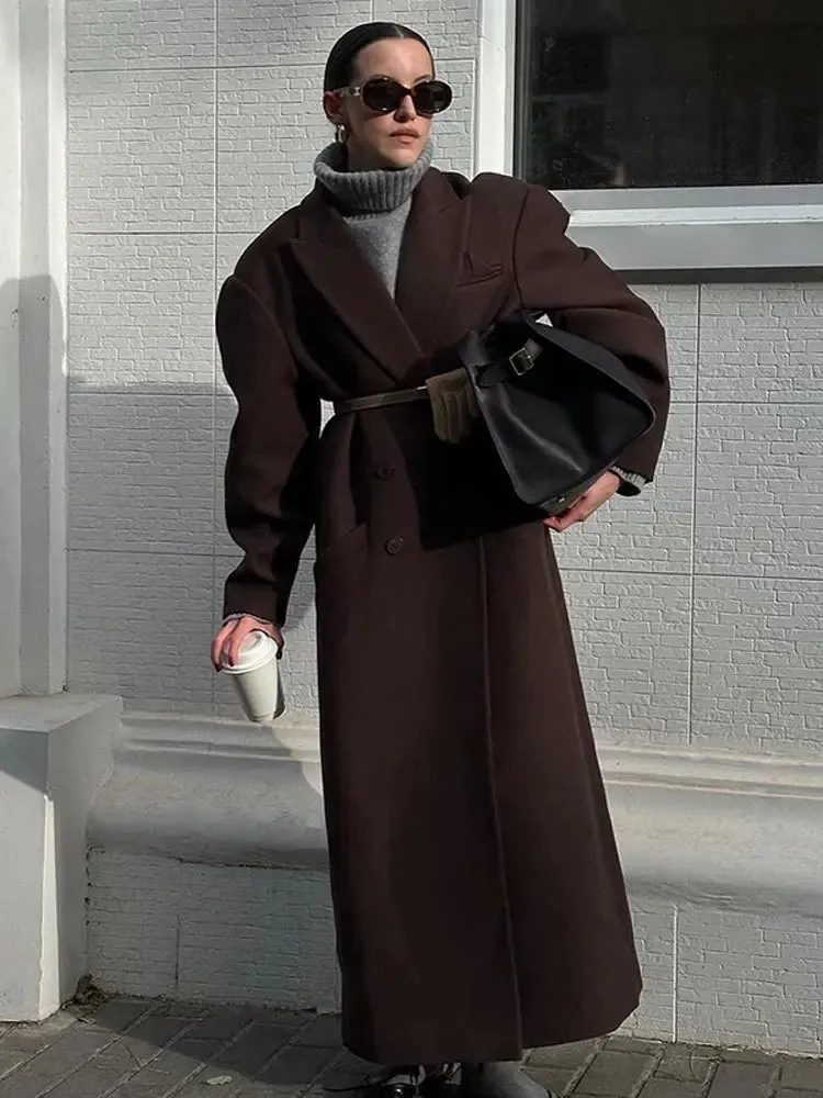 Back To School Joskaa Flip Collar Double Breasted Pocket Woolen Coat Fashion Long Sleeved Solid Color Women's Casual Overcoat 2024 New Lady Streetwear