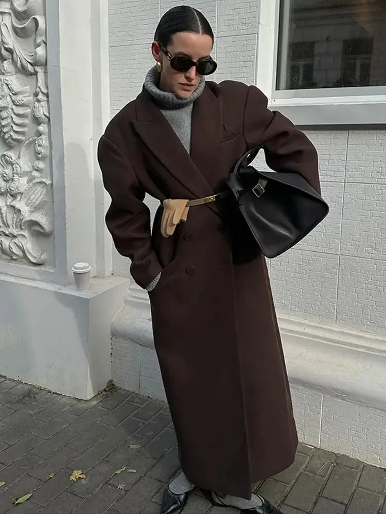 Back To School Joskaa Flip Collar Double Breasted Pocket Woolen Coat Fashion Long Sleeved Solid Color Women's Casual Overcoat 2024 New Lady Streetwear