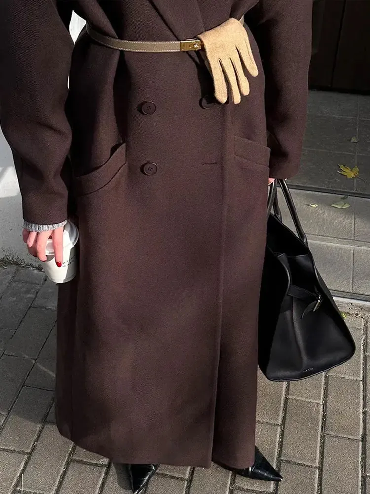 Back To School Joskaa Flip Collar Double Breasted Pocket Woolen Coat Fashion Long Sleeved Solid Color Women's Casual Overcoat 2024 New Lady Streetwear