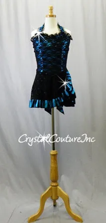 Black/Teal Blue Halter Top Biketard with Black Lace Skirt overlay - Swarovski Rhinestones
