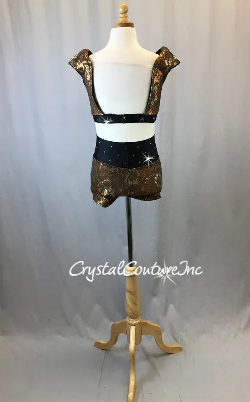 Bronze and Brown Lace 2pc Top & Short with Appliques - Swarovski Rhinestones