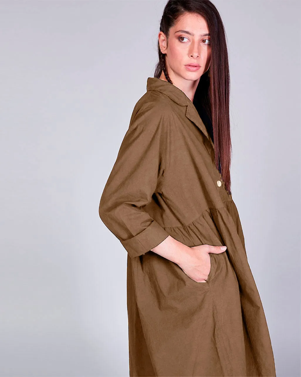 Cotton Single-Button Pleat Waist Dress