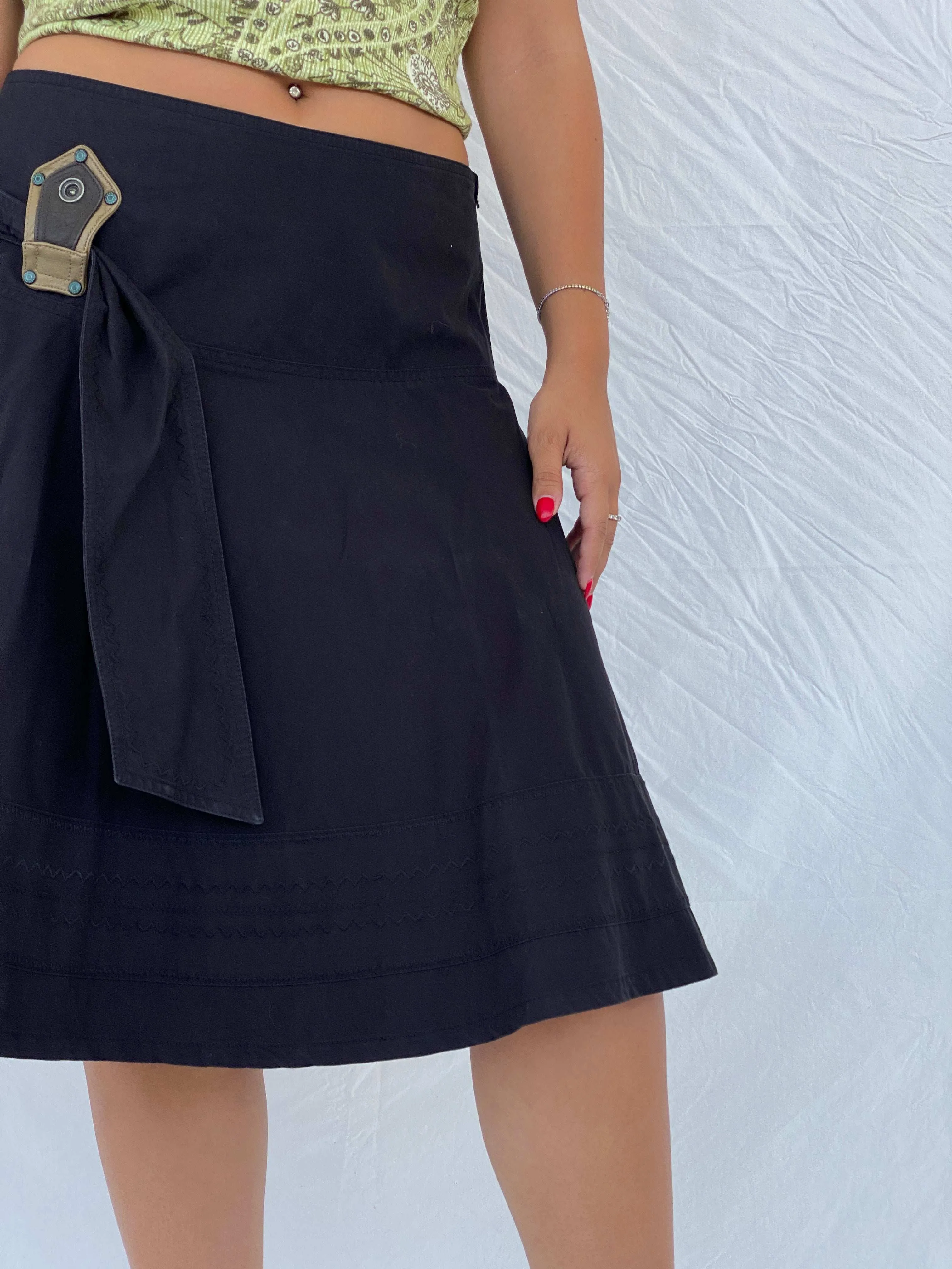 Diesel A-Line Buckled Utility Black Midi Skirt Size XL