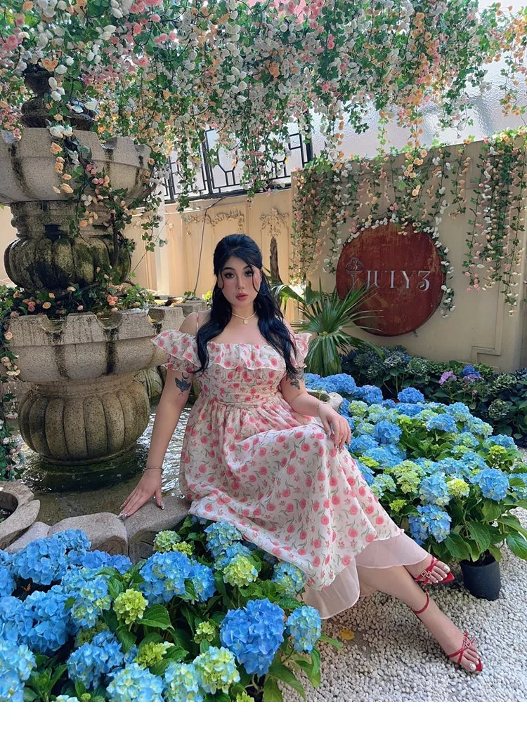 Dolly Plus Size Pink Romantic Broken Flowers Plus Size French Off-the-Shoulder Long Dress