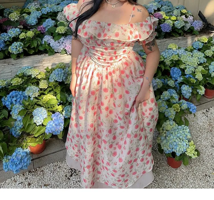 Dolly Plus Size Pink Romantic Broken Flowers Plus Size French Off-the-Shoulder Long Dress
