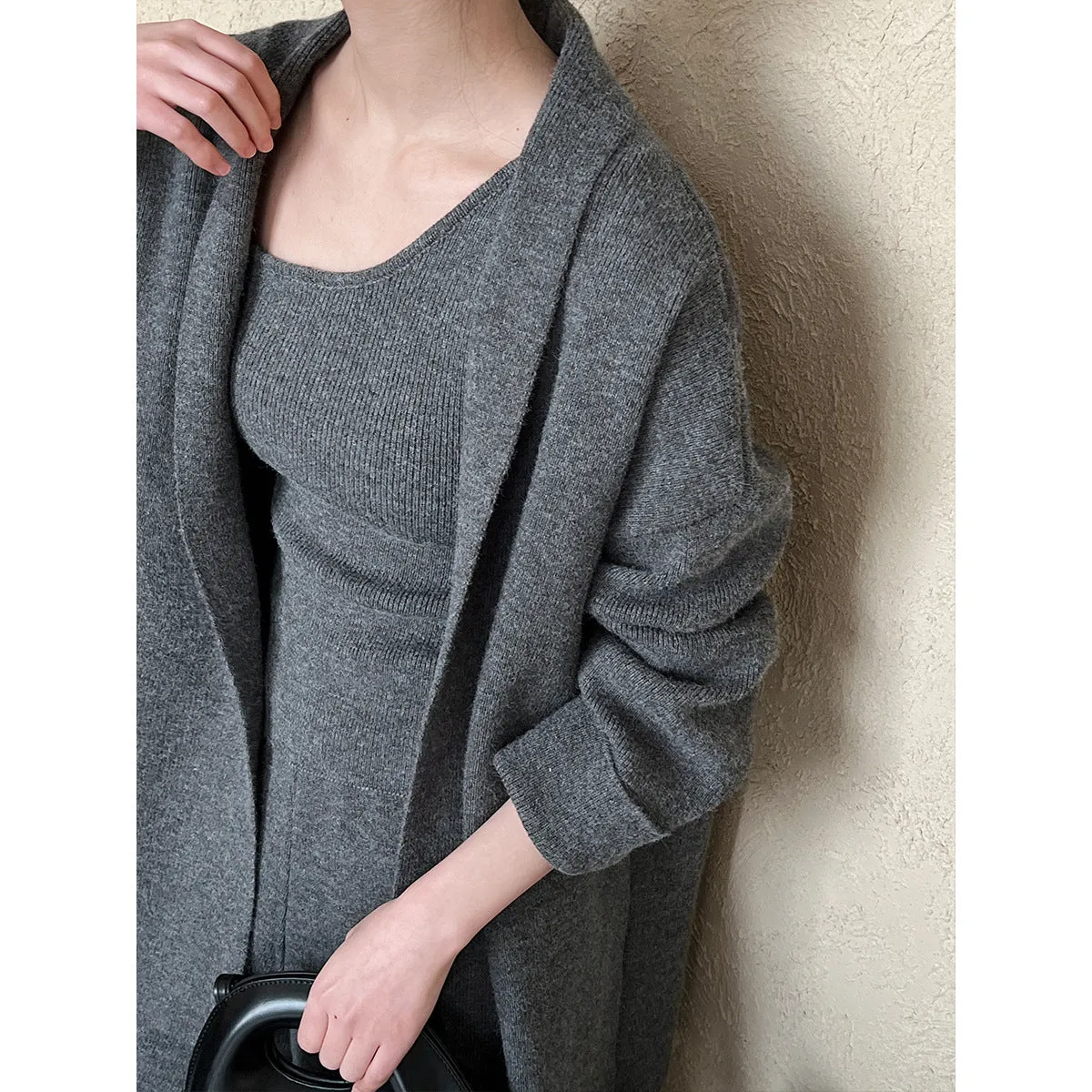 French minimalist cardigan vest wide leg pants three piece set