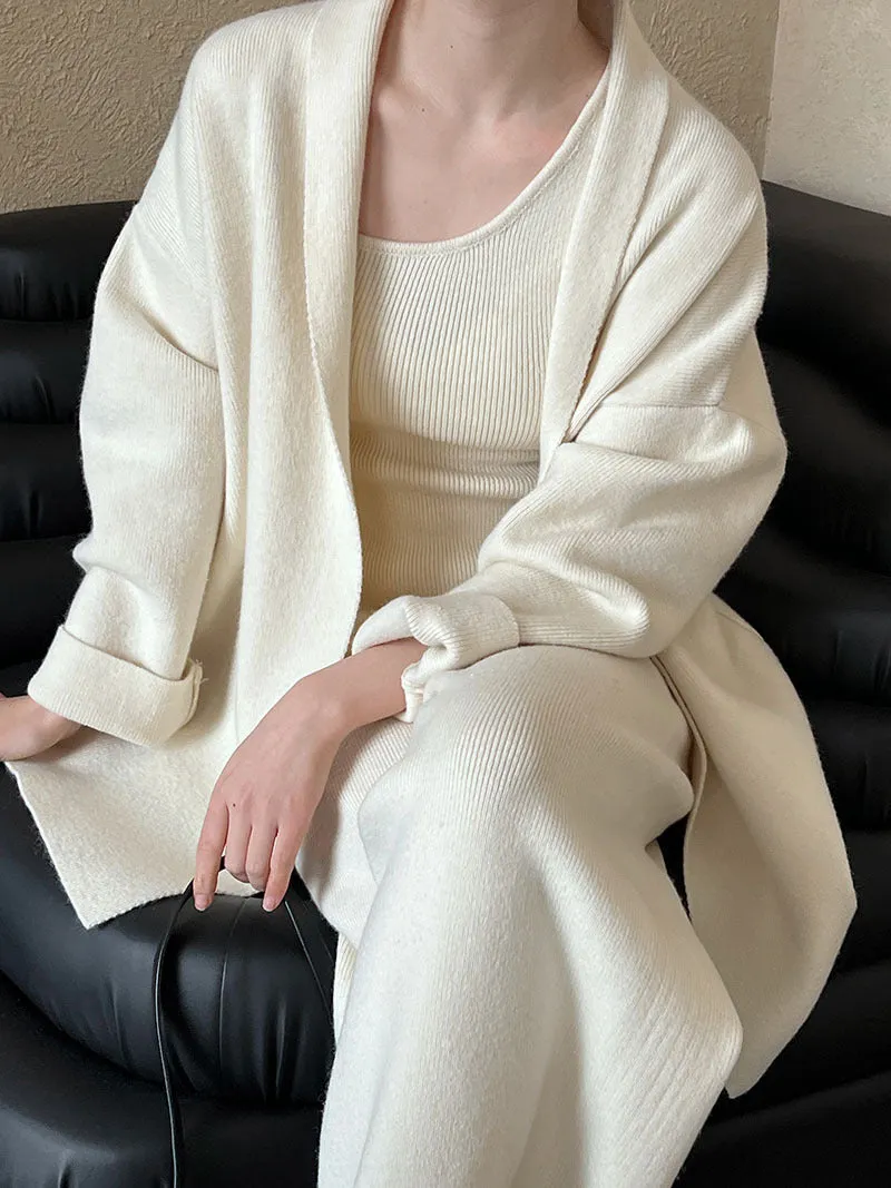 French minimalist cardigan vest wide leg pants three piece set