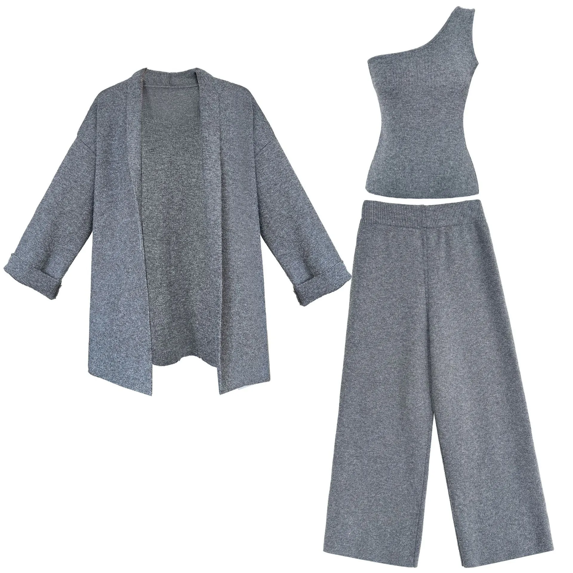 French minimalist cardigan vest wide leg pants three piece set
