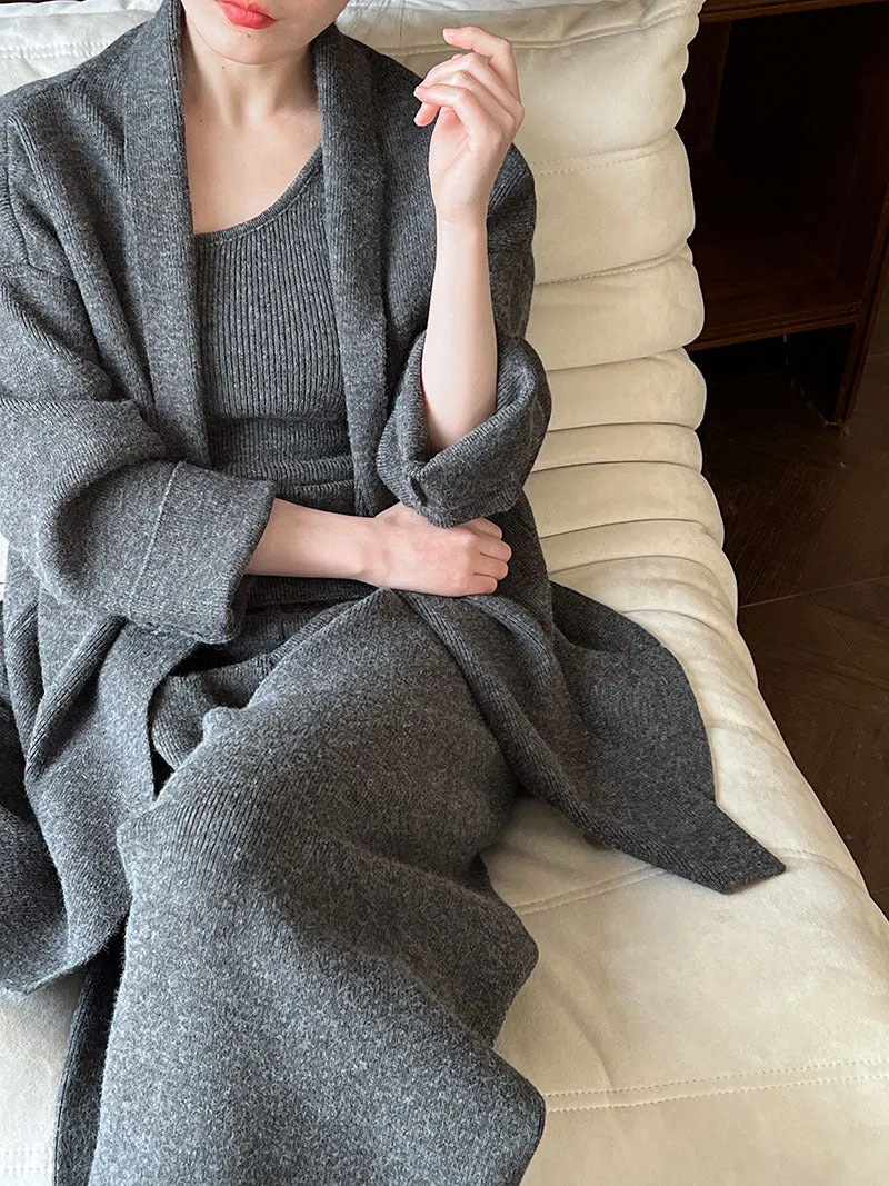 French minimalist cardigan vest wide leg pants three piece set