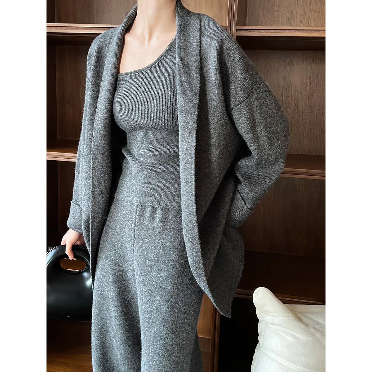 French minimalist cardigan vest wide leg pants three piece set