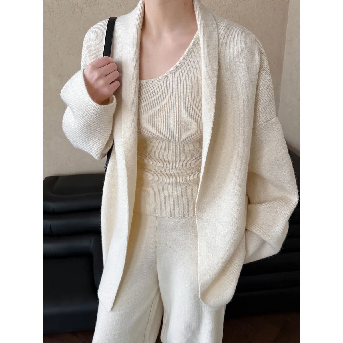 French minimalist cardigan vest wide leg pants three piece set