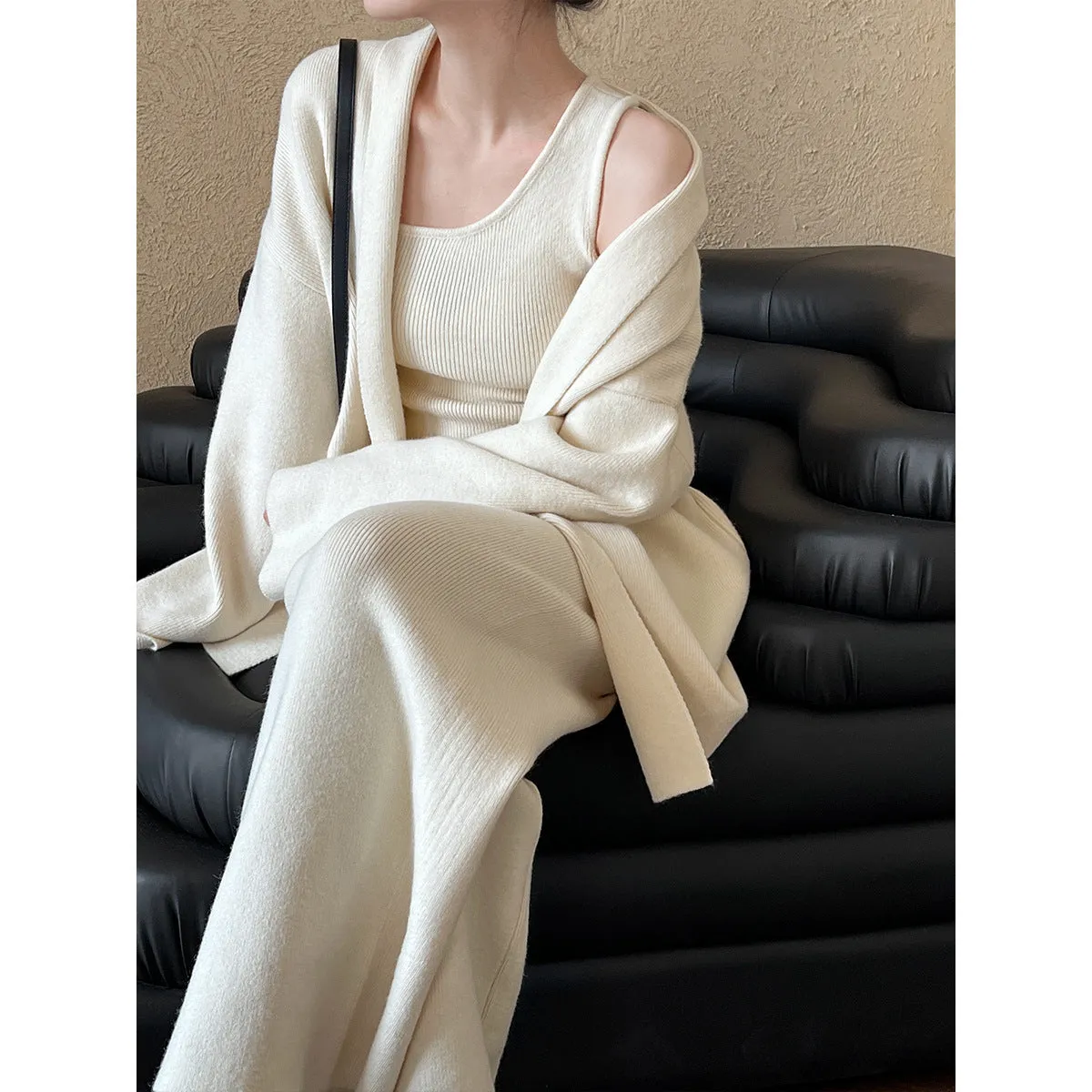French minimalist cardigan vest wide leg pants three piece set