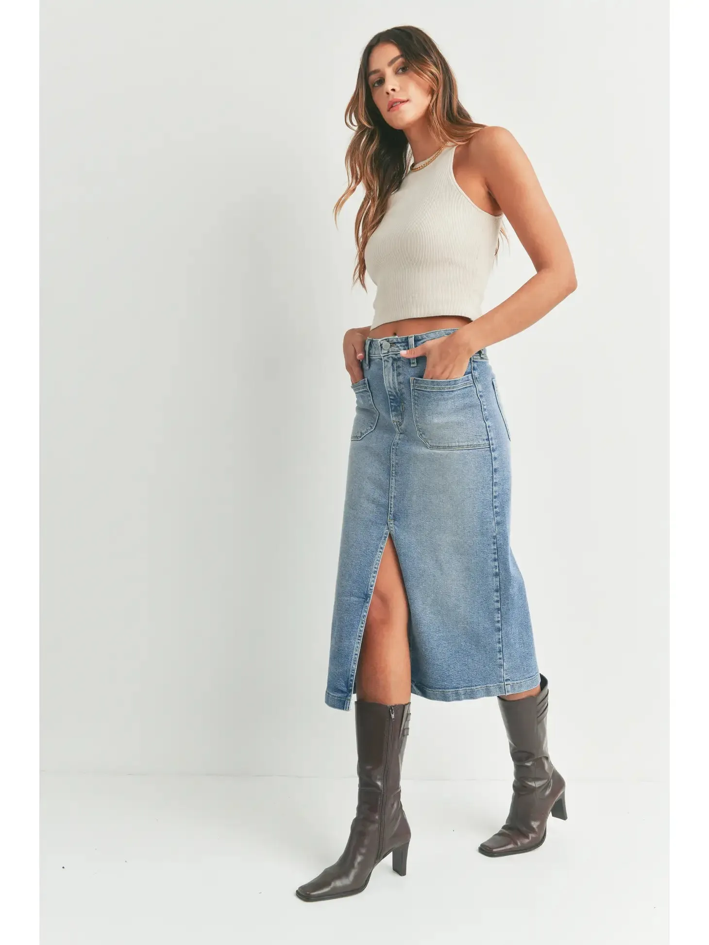 Goldie Utility Pocket Midi Skirt l Medium Denim