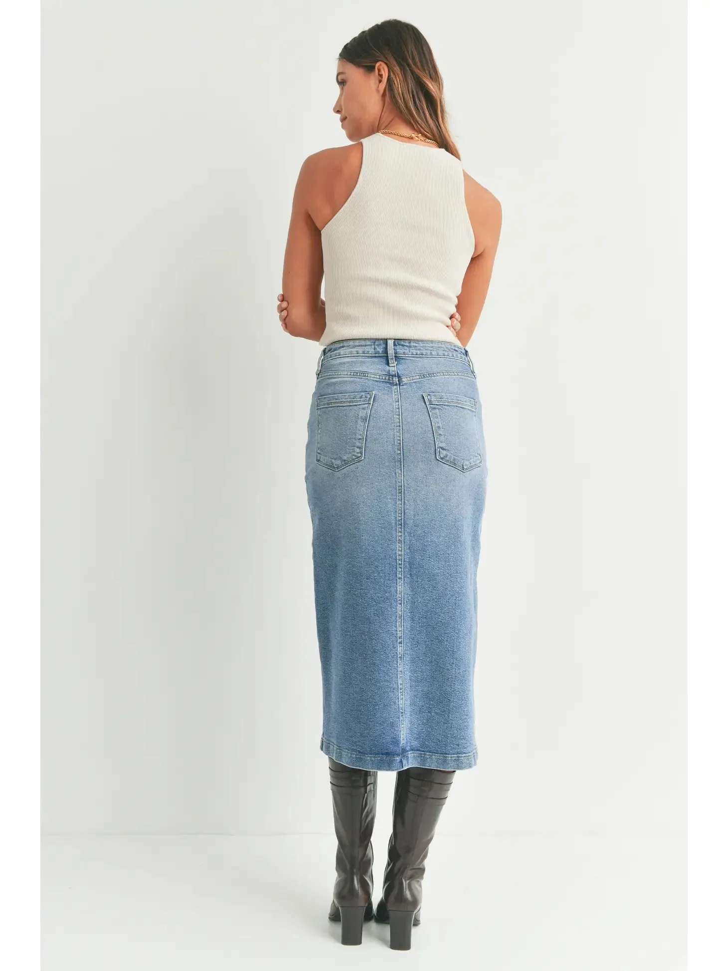 Goldie Utility Pocket Midi Skirt l Medium Denim