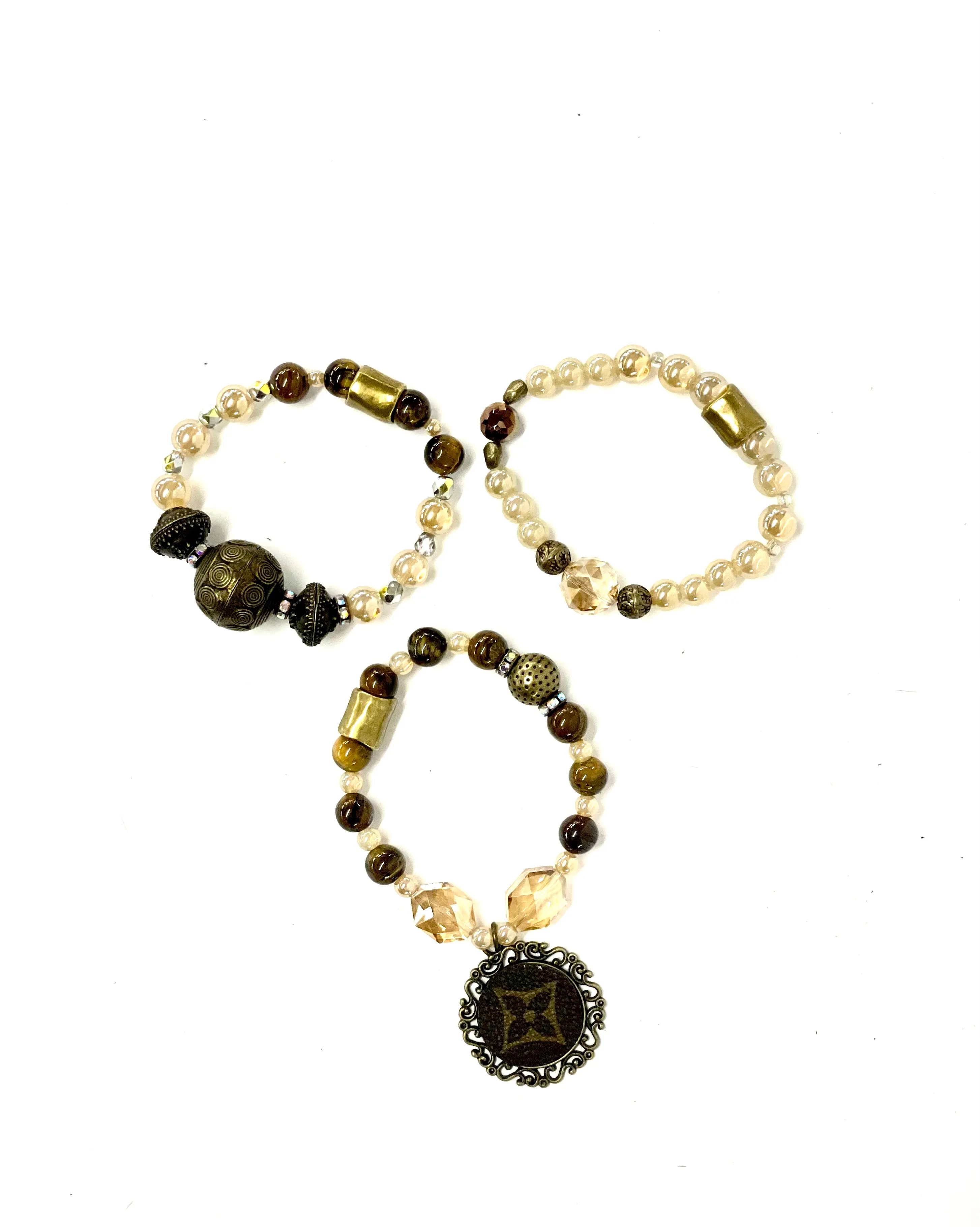 Hand beaded bracelet set nude, brown, large antique beads with antique scroll pendant