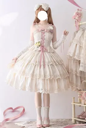 Ivory [Forest Waltz] Embroidery Bowknot Lace-Up Slim Sweet Elegant Lolita Suspender Top