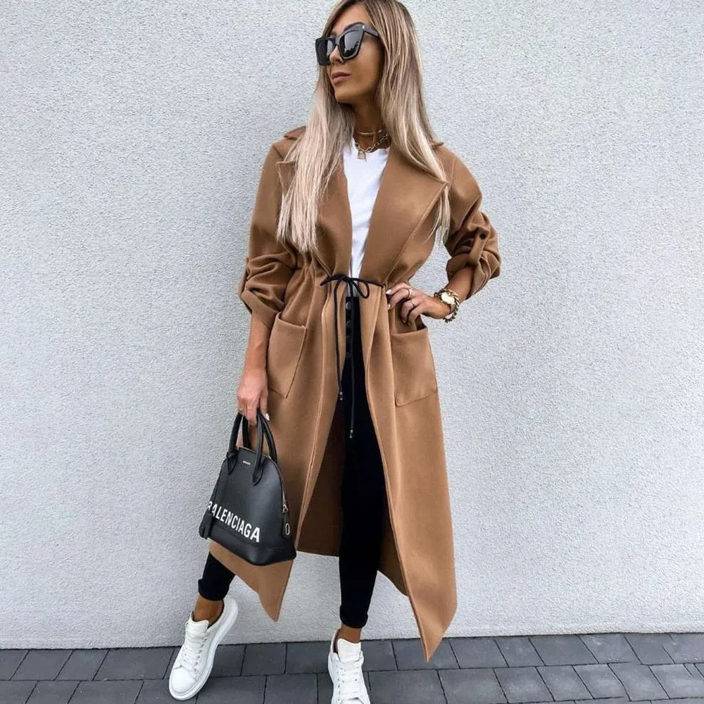 Joskaa Autumn Winter Warm Woolen Long Coat Woman 2024 Casual Plaid Drawstring Wool Coat Blends Jackets For Women Overcoat Veste Femme