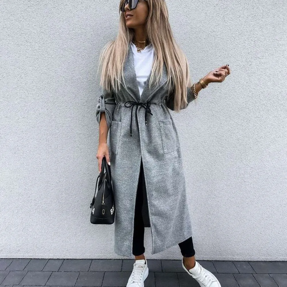 Joskaa Autumn Winter Warm Woolen Long Coat Woman 2024 Casual Plaid Drawstring Wool Coat Blends Jackets For Women Overcoat Veste Femme
