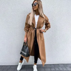 Joskaa Autumn Winter Warm Woolen Long Coat Woman 2024 Casual Plaid Drawstring Wool Coat Blends Jackets For Women Overcoat Veste Femme
