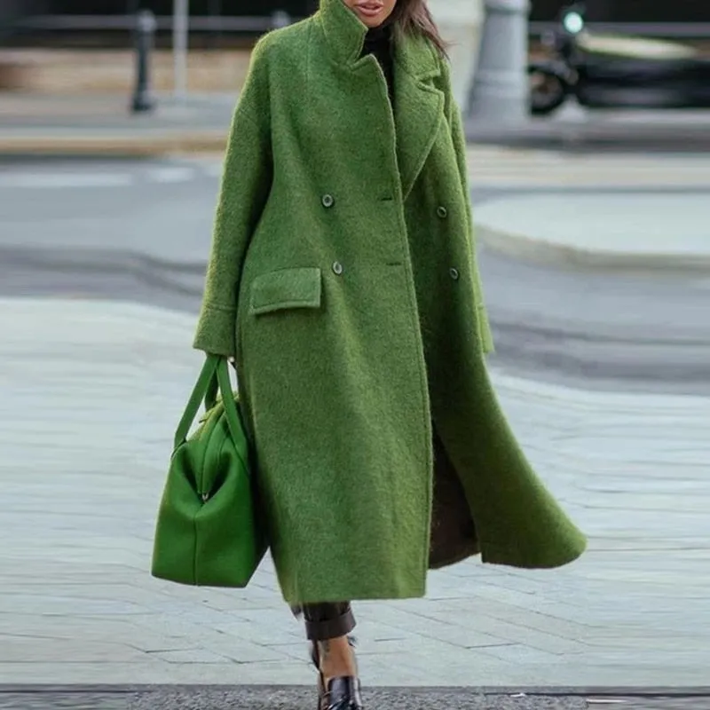 Joskaa Back to College Autumn Winter Long Sleeve Pocket Green Outwear Casual Loose Blend Wool Long Overcoat Women Vintage Button Cardigan Tops Jackets