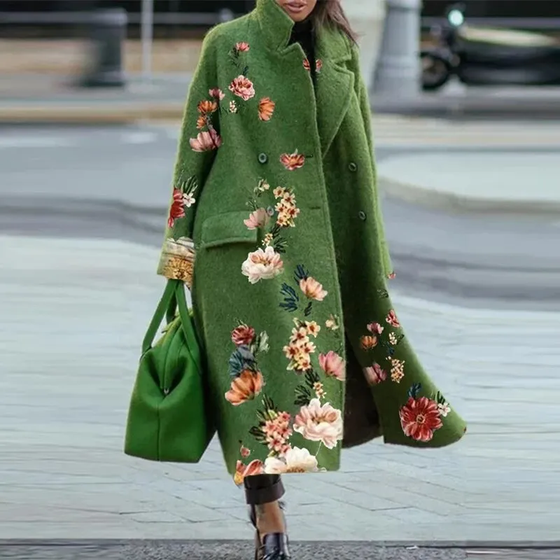 Joskaa Back to College Autumn Winter Long Sleeve Pocket Green Outwear Casual Loose Blend Wool Long Overcoat Women Vintage Button Cardigan Tops Jackets