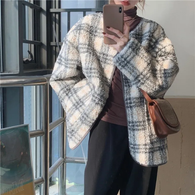Joskaa Black Friday Sales Vintage Lamb Wool Plaid Jacket Women Thicken Warm Fluffy Cozy Faux Fur Overcoat Casual Oversized Female Winter Loose Outerwear