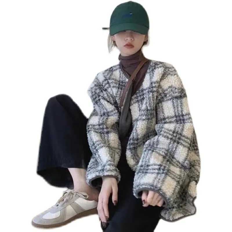 Joskaa Black Friday Sales Vintage Lamb Wool Plaid Jacket Women Thicken Warm Fluffy Cozy Faux Fur Overcoat Casual Oversized Female Winter Loose Outerwear