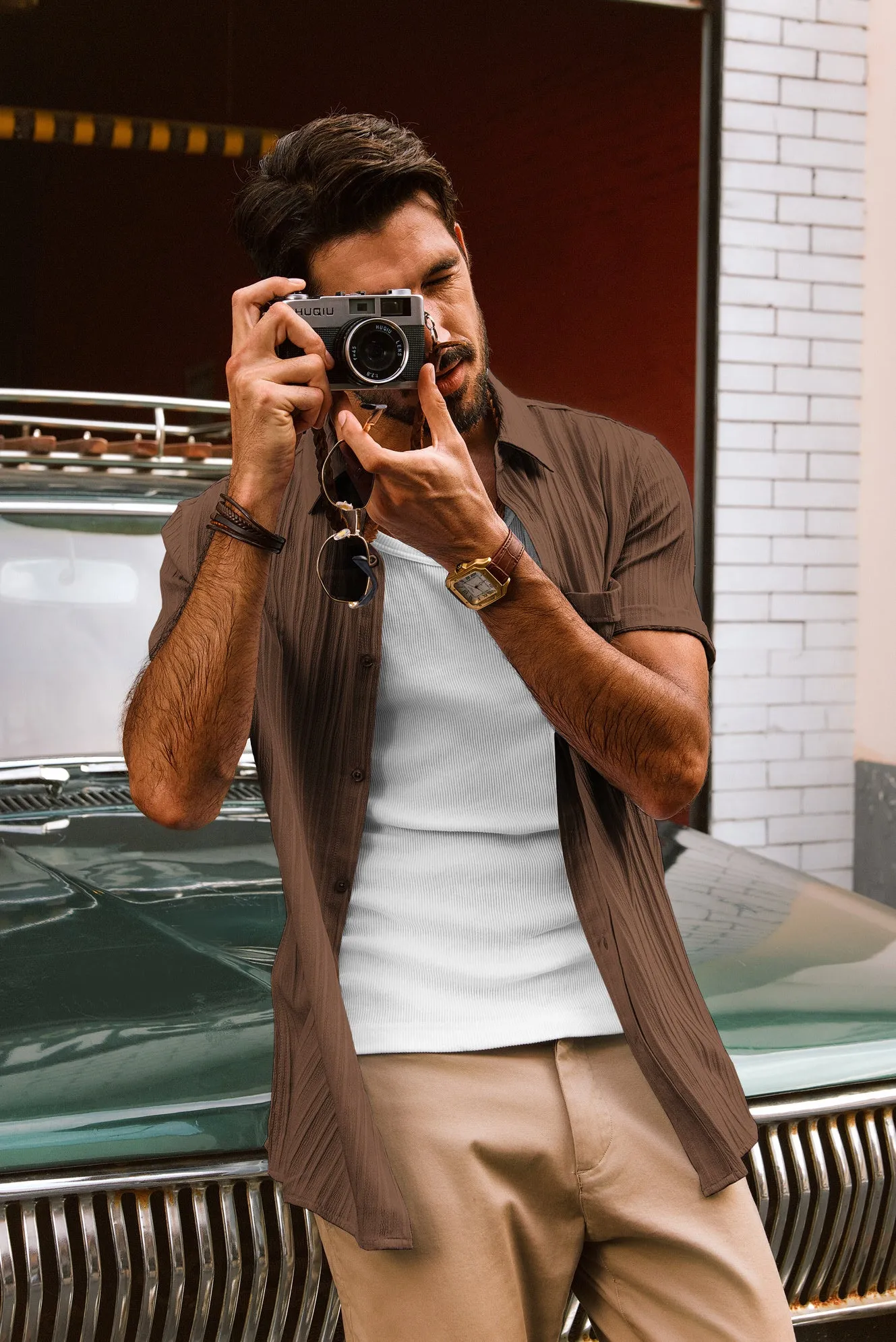 Men Straight Shirt Casual Short Sleeve Lapel Collar Button-up Tops