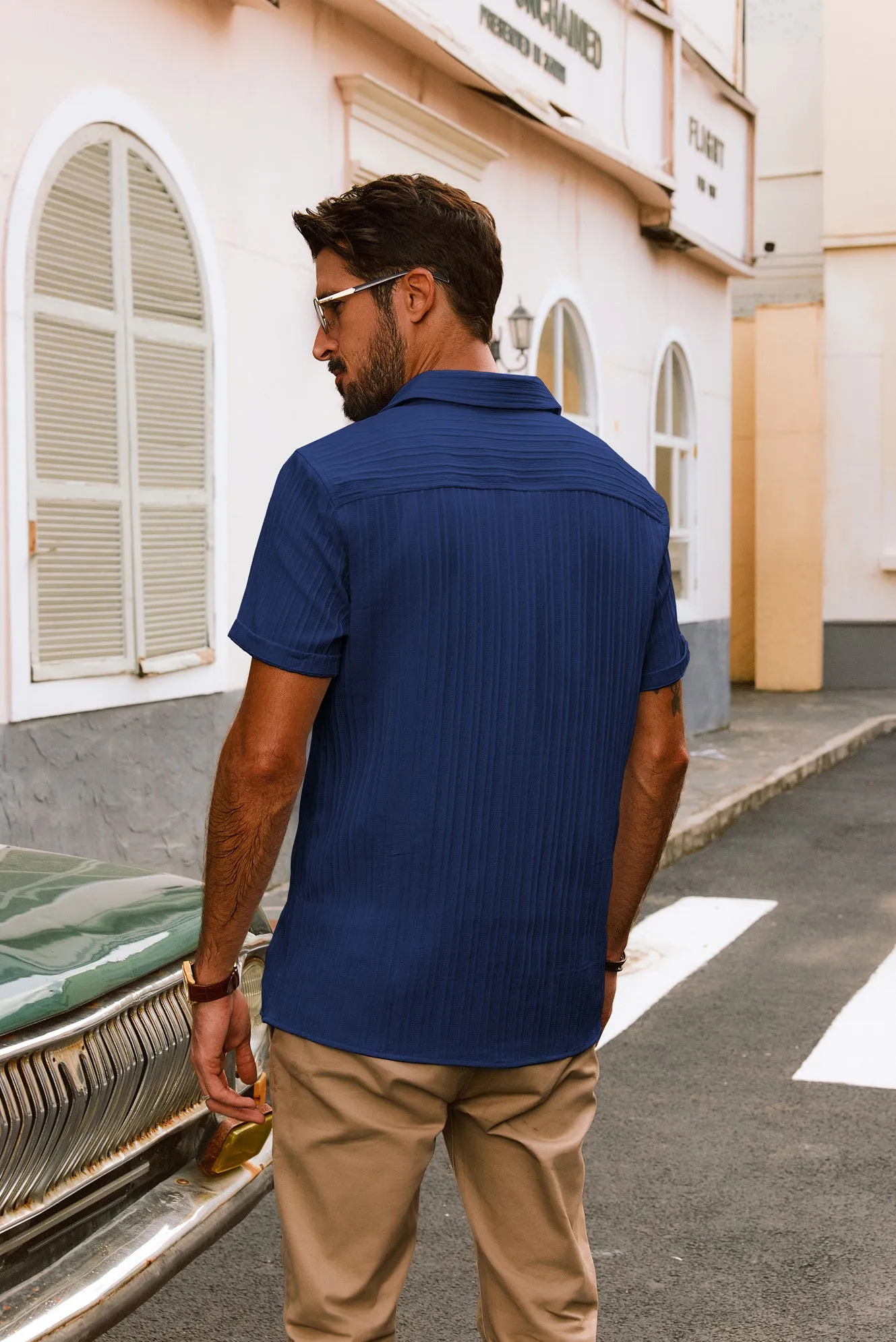 Men Straight Shirt Casual Short Sleeve Lapel Collar Button-up Tops