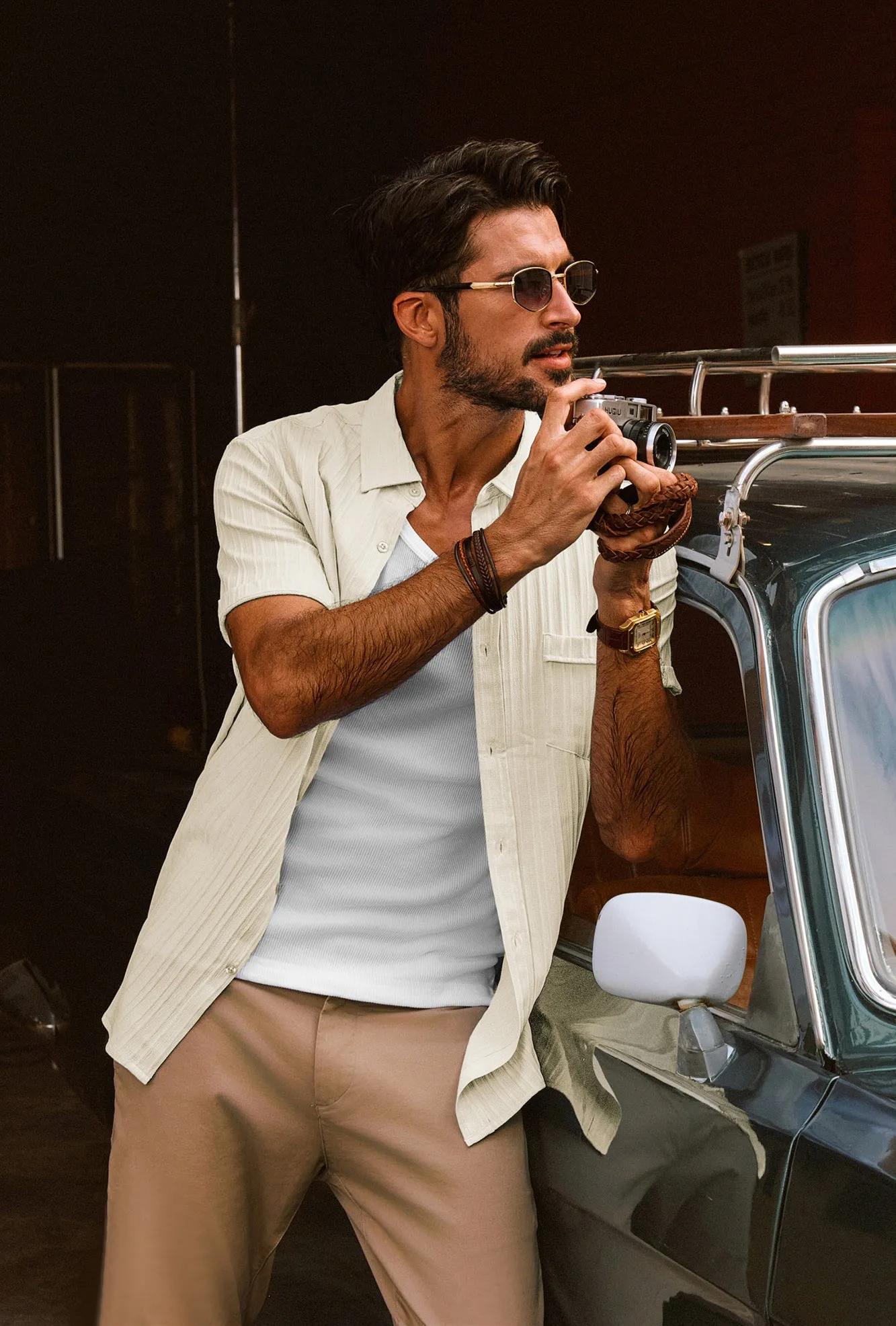 Men Straight Shirt Casual Short Sleeve Lapel Collar Button-up Tops