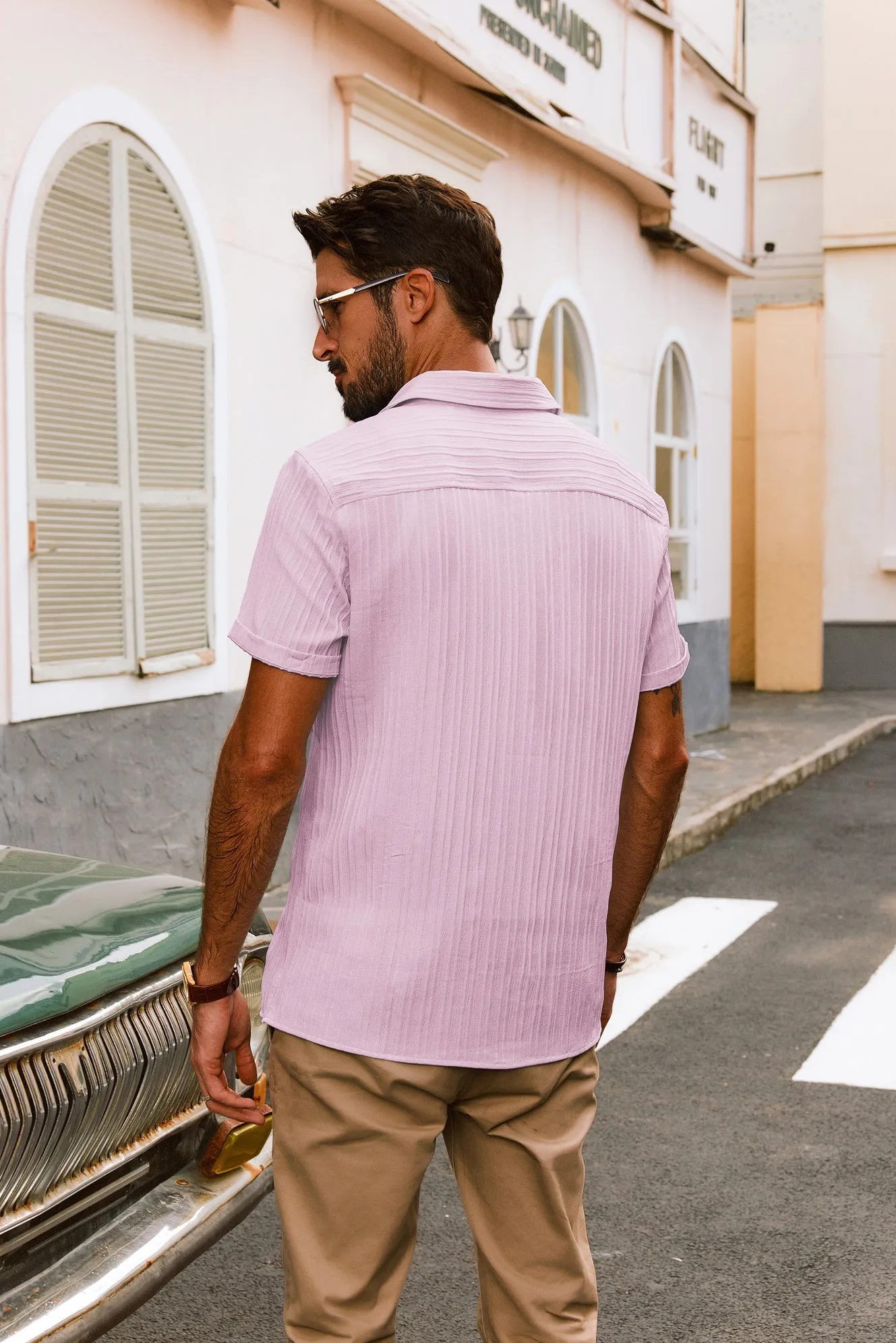 Men Straight Shirt Casual Short Sleeve Lapel Collar Button-up Tops