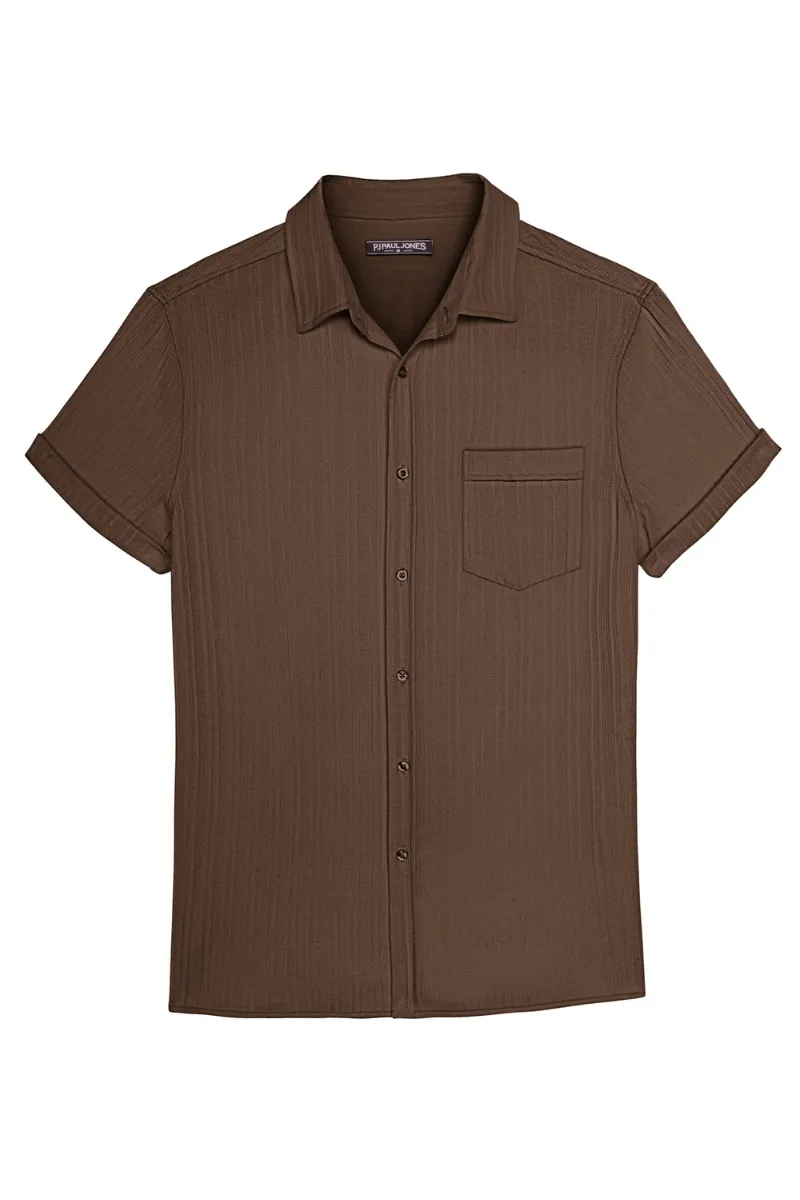 Men Straight Shirt Casual Short Sleeve Lapel Collar Button-up Tops