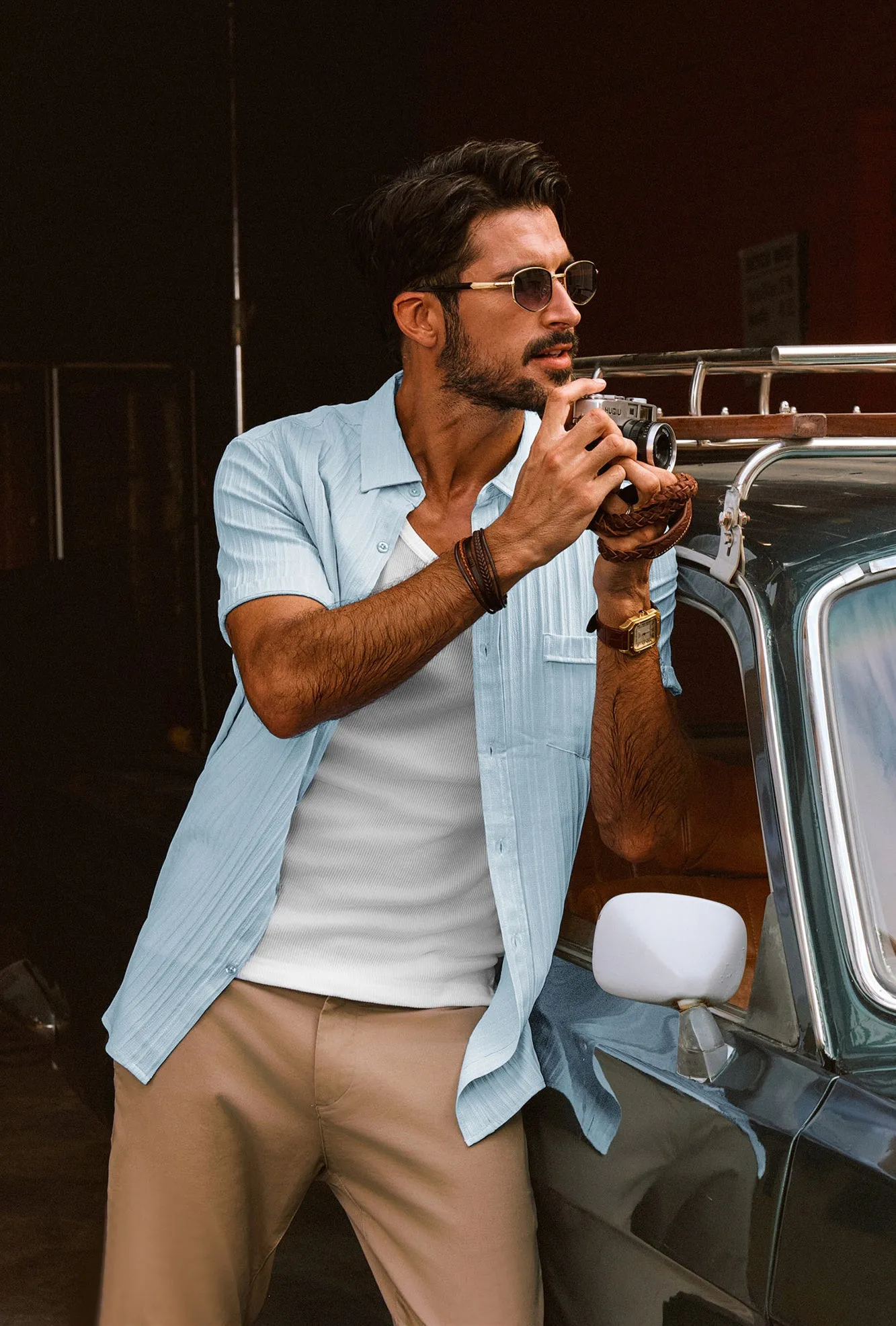 Men Straight Shirt Casual Short Sleeve Lapel Collar Button-up Tops