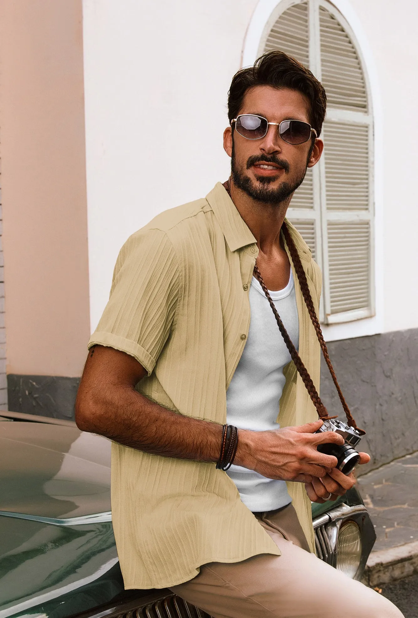 Men Straight Shirt Casual Short Sleeve Lapel Collar Button-up Tops