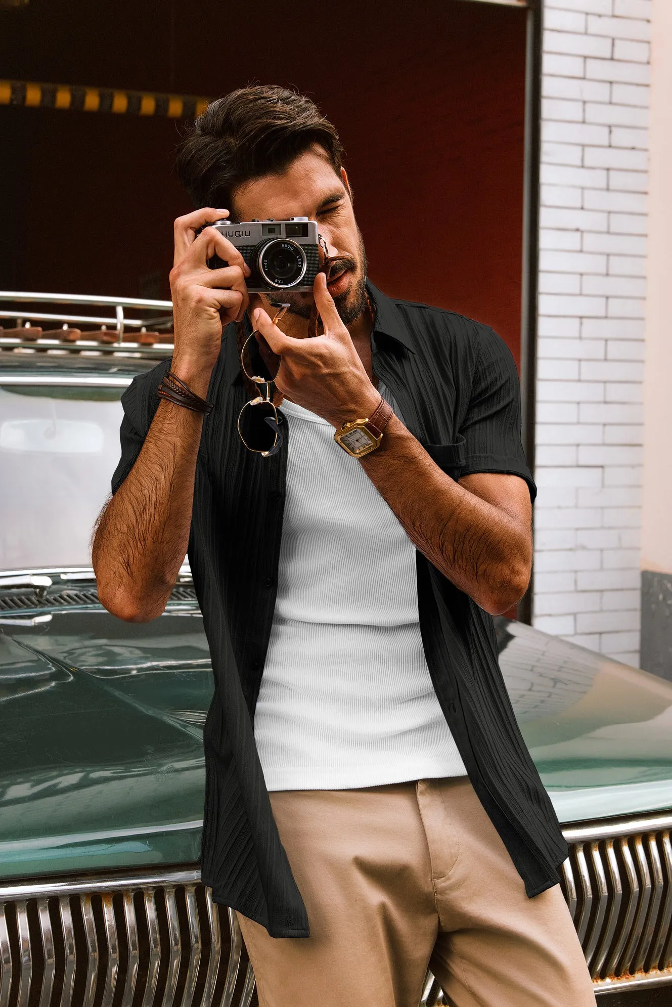 Men Straight Shirt Casual Short Sleeve Lapel Collar Button-up Tops