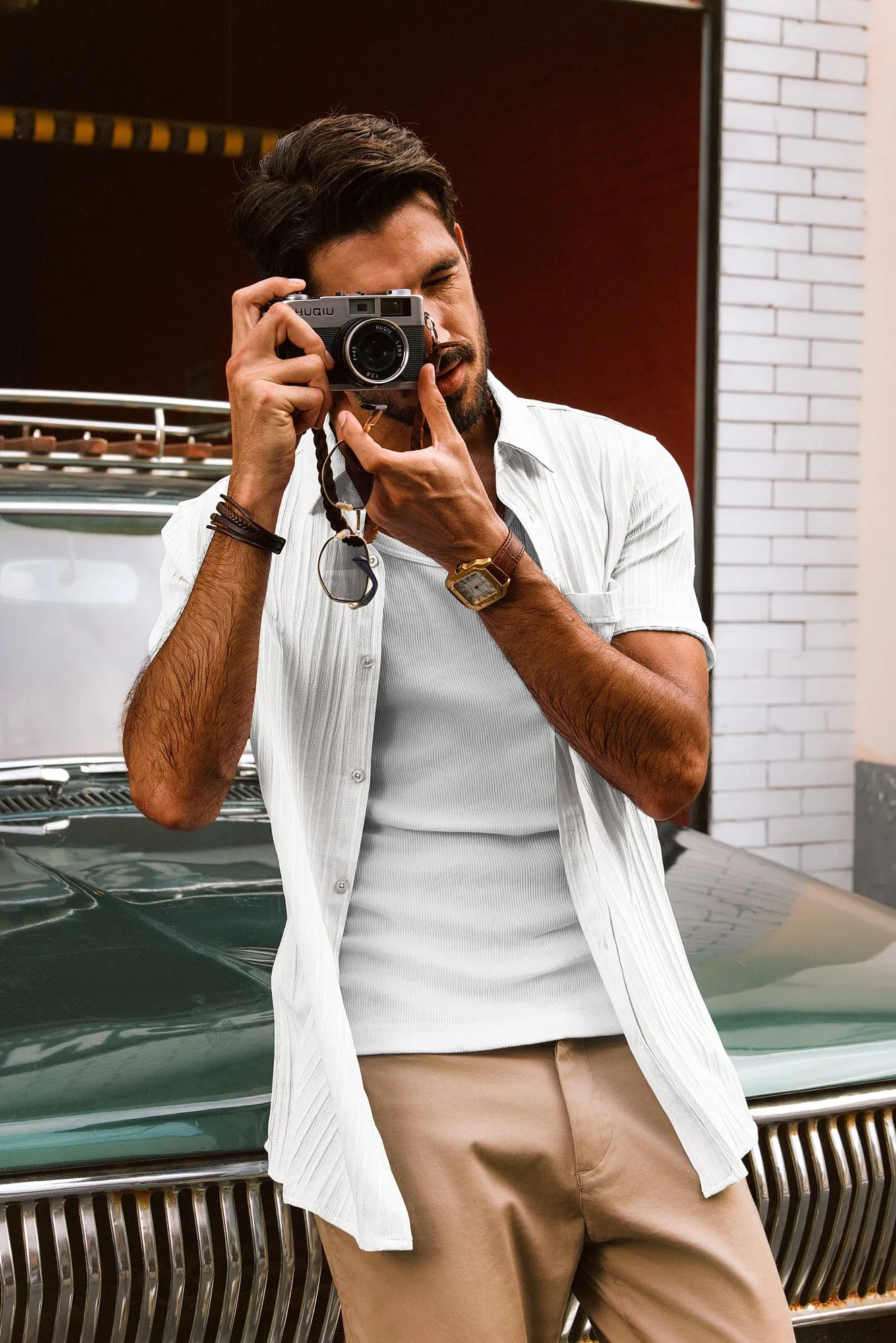 Men Straight Shirt Casual Short Sleeve Lapel Collar Button-up Tops