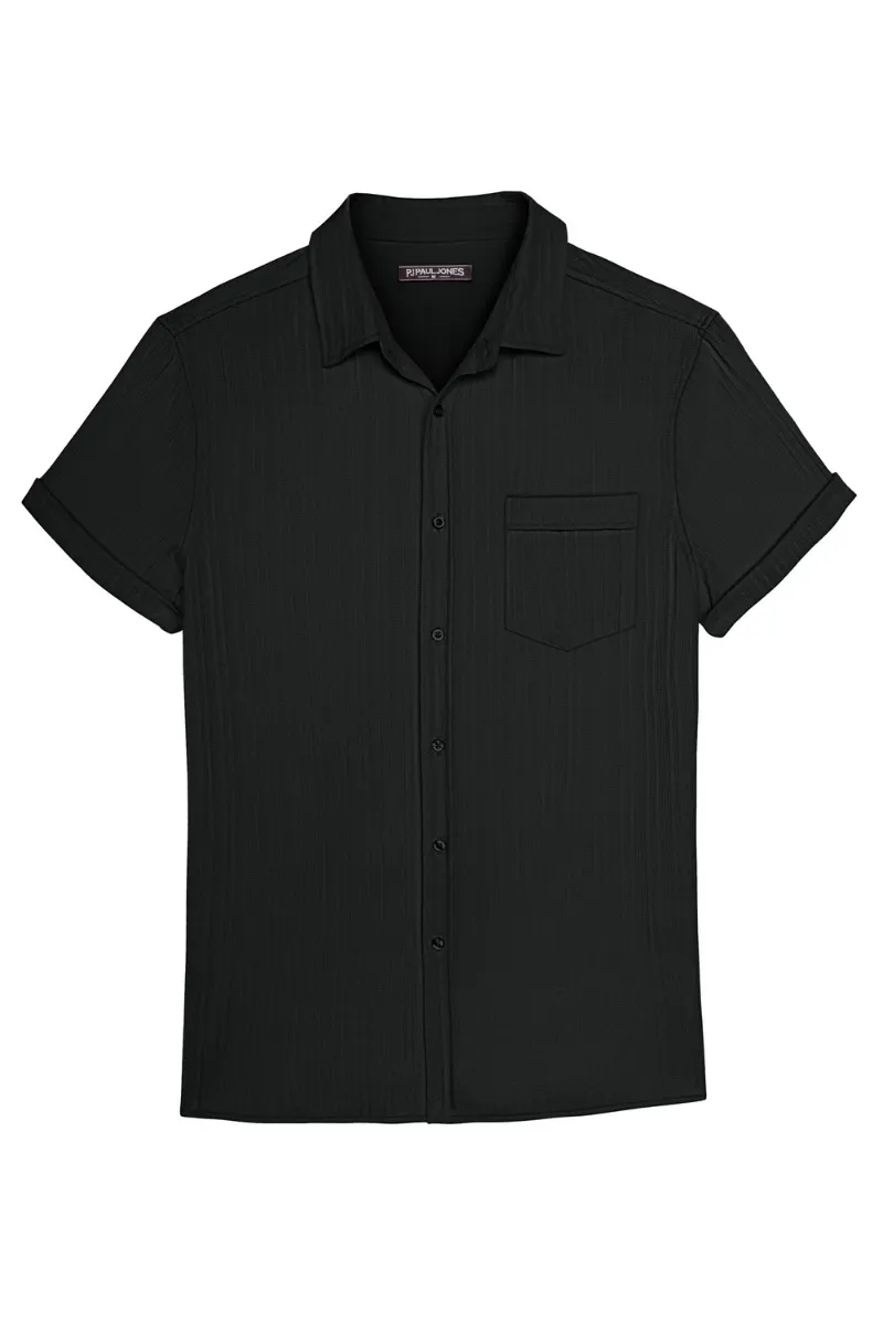 Men Straight Shirt Casual Short Sleeve Lapel Collar Button-up Tops