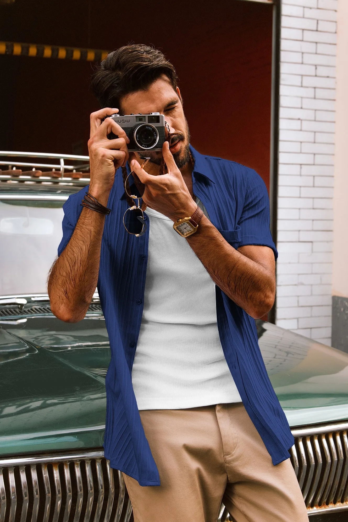 Men Straight Shirt Casual Short Sleeve Lapel Collar Button-up Tops