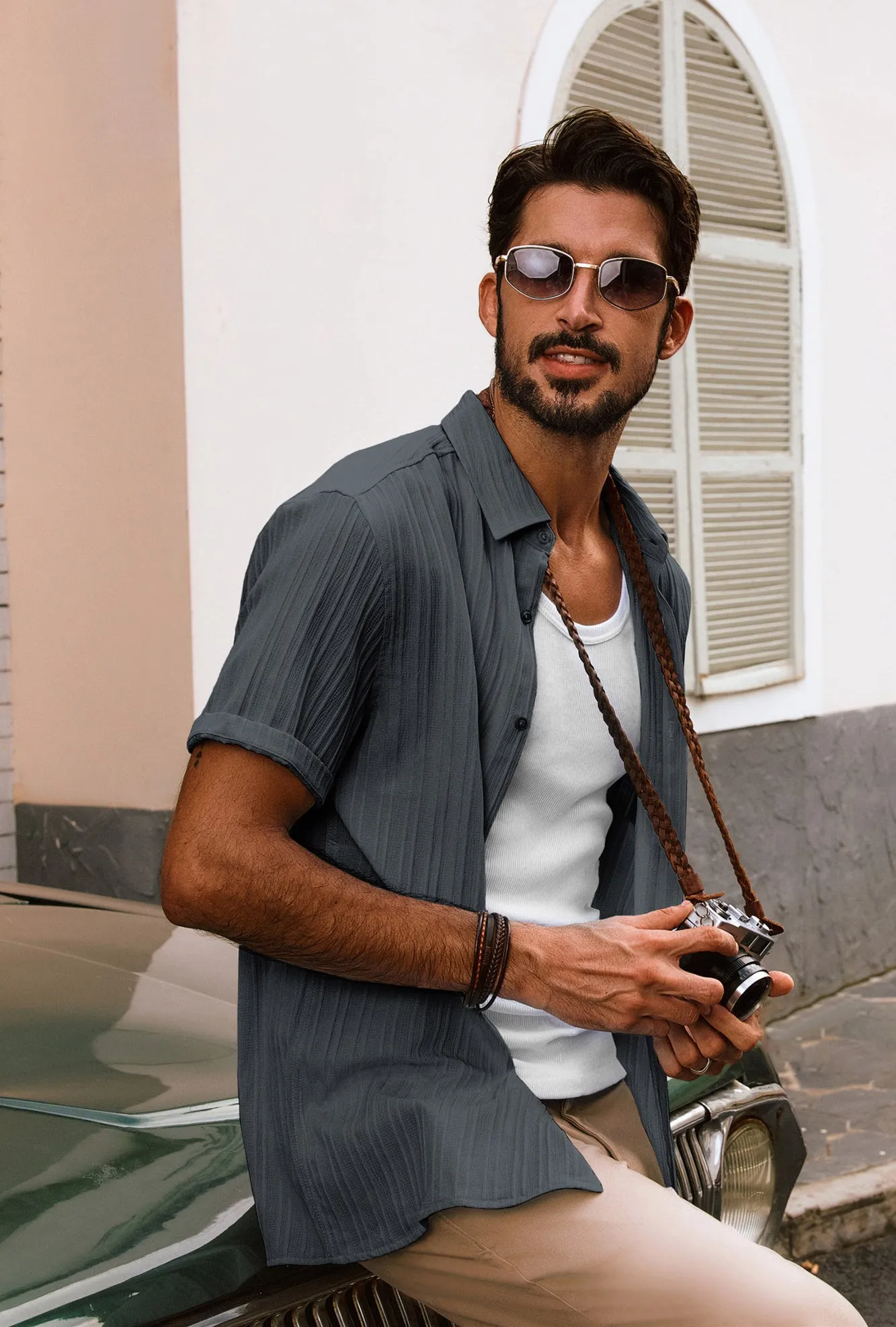Men Straight Shirt Casual Short Sleeve Lapel Collar Button-up Tops