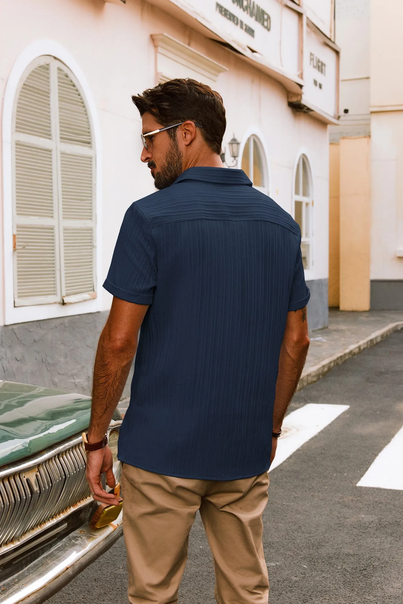Men Straight Shirt Casual Short Sleeve Lapel Collar Button-up Tops